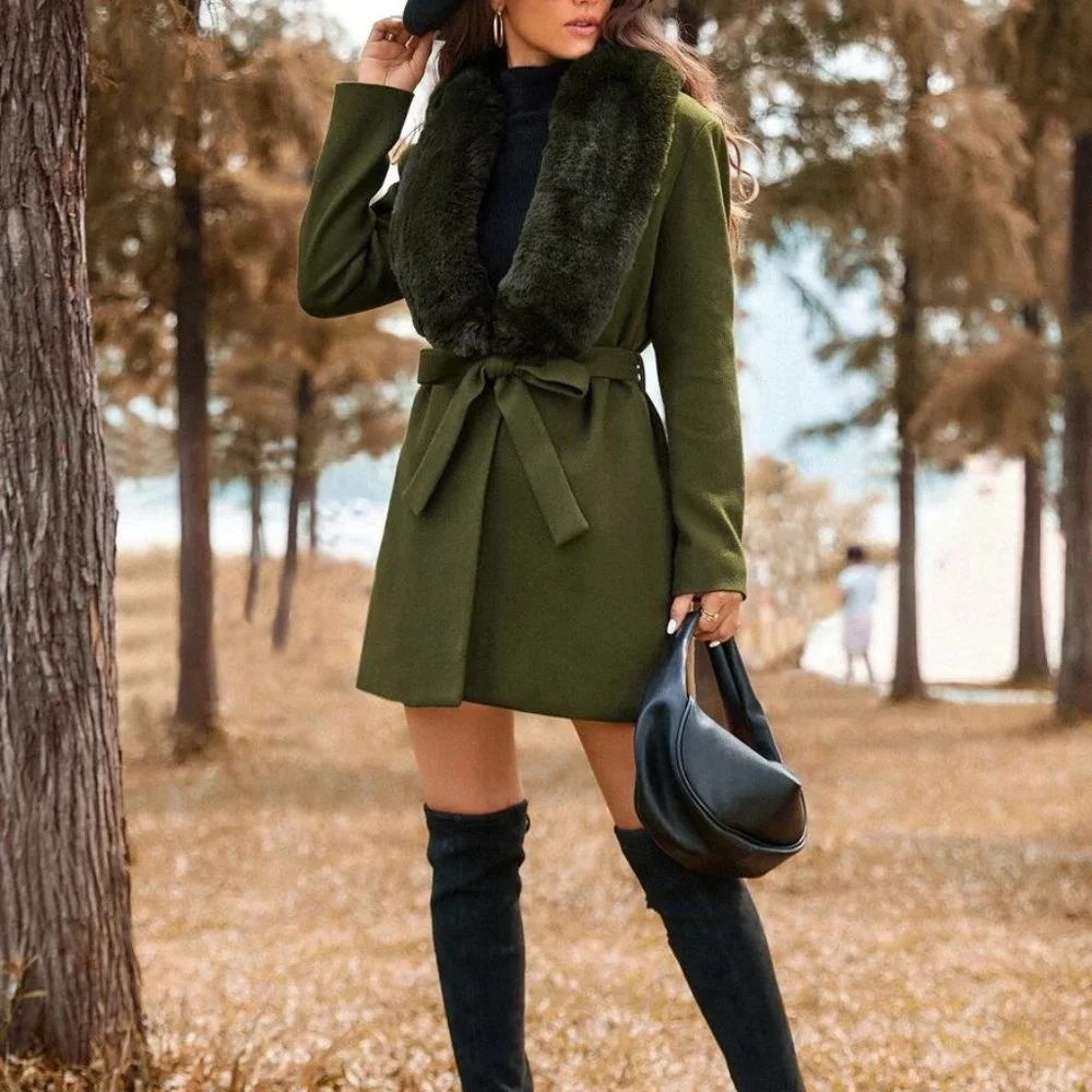 Glamorous Olive Green Faux fur collar Belted Overcoat Jacket Coat - Picture 3 of 6